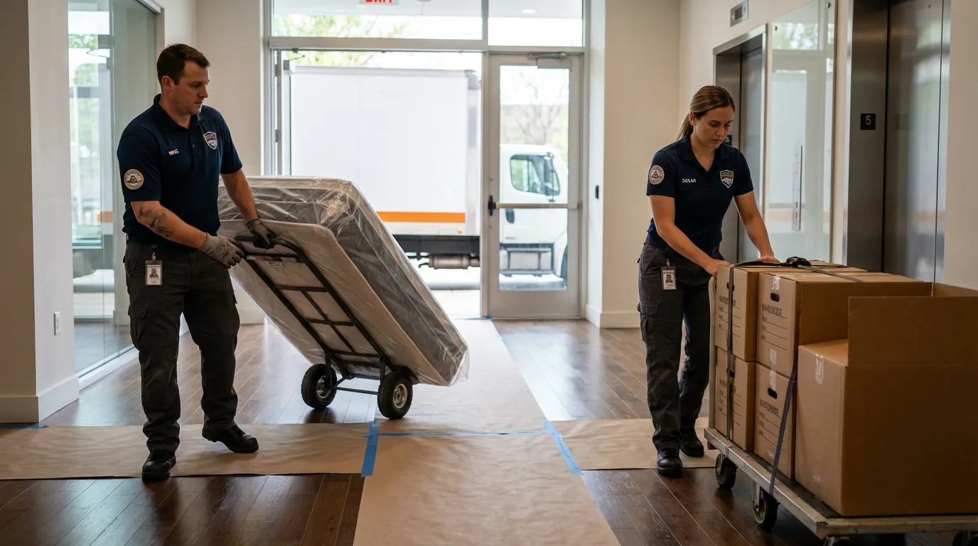Professional apartment movers loading elevator in Oak Grove, KY