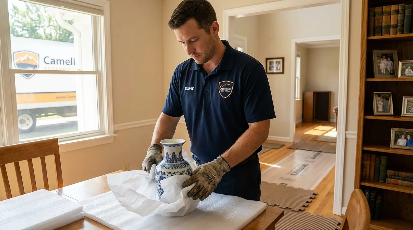 Professional crew carefully wrapping antique vase for senior downsizing move in Oak Grove, KY
